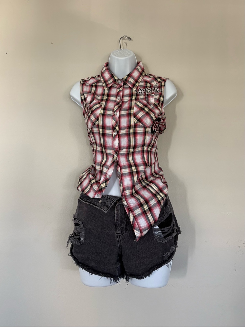 Harley Davidson Y2K Plaid Sleeveless Pearl Snap Vest Top Size L